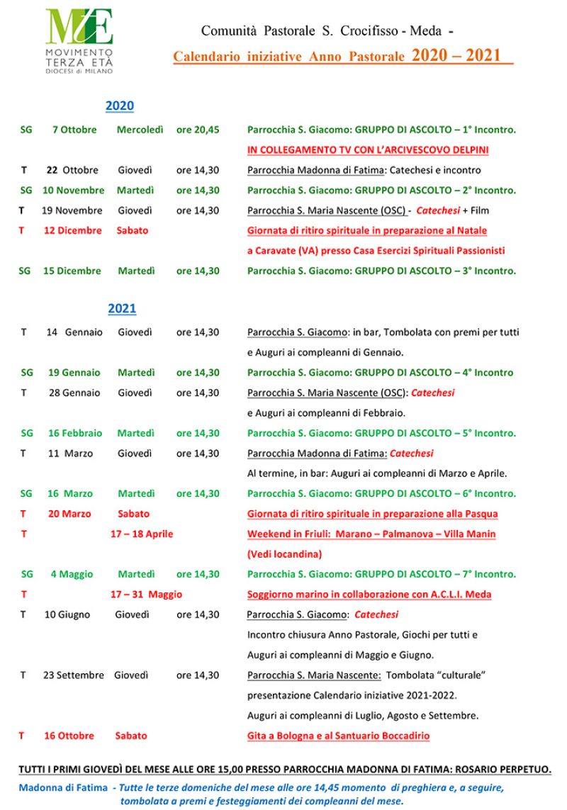 Meda – Calendario Anno pastorale 2020/2021