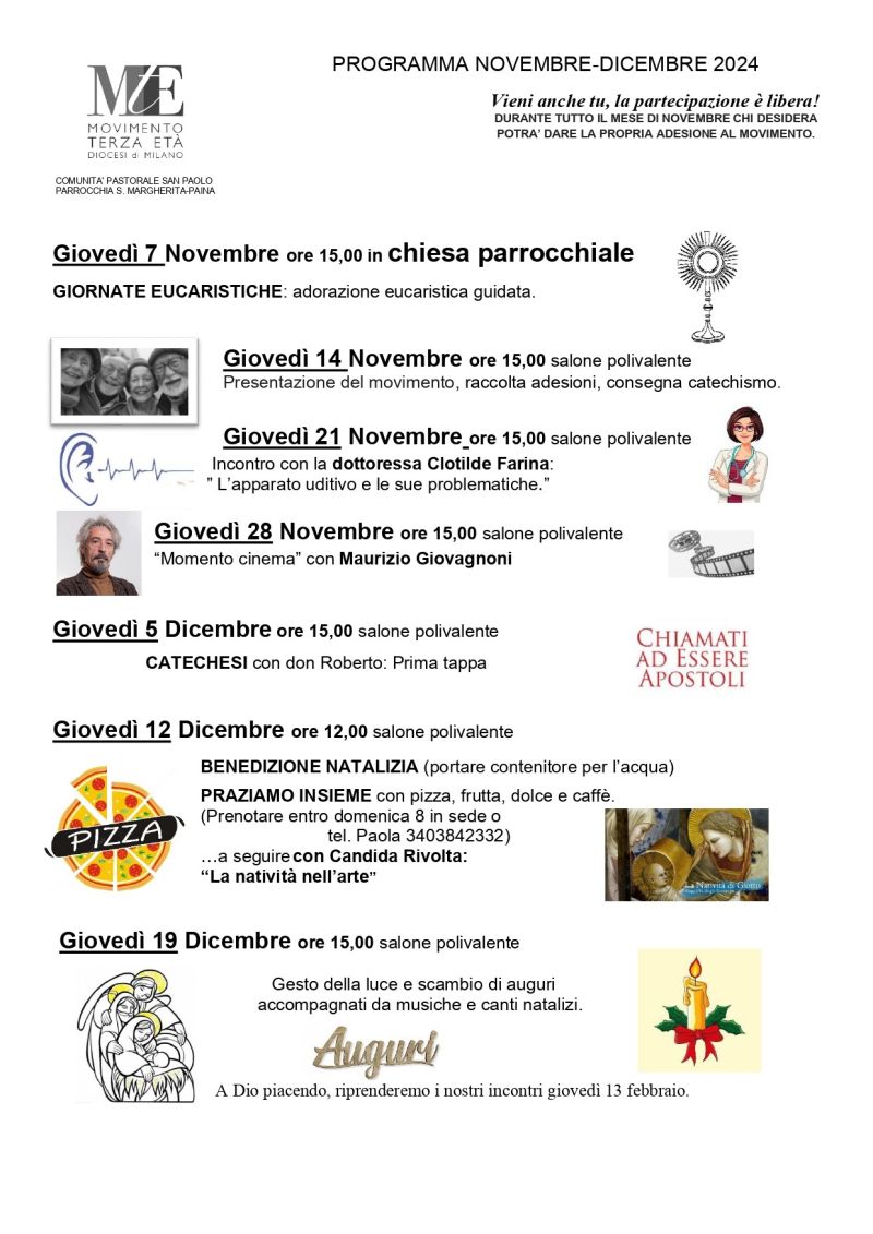 Programma di Novembre Dicembre parrocchia di Paina