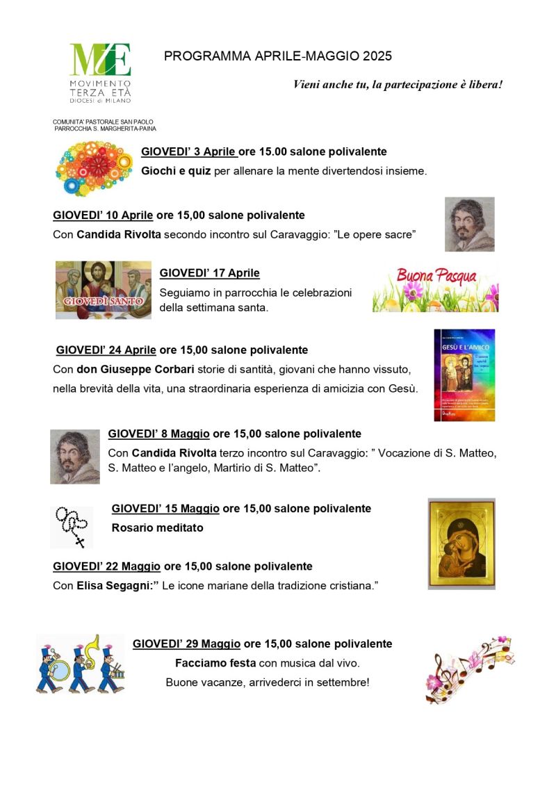 Programma del mese di Aprile-Maggio Comunità Pastorale Santa Margherita Paina