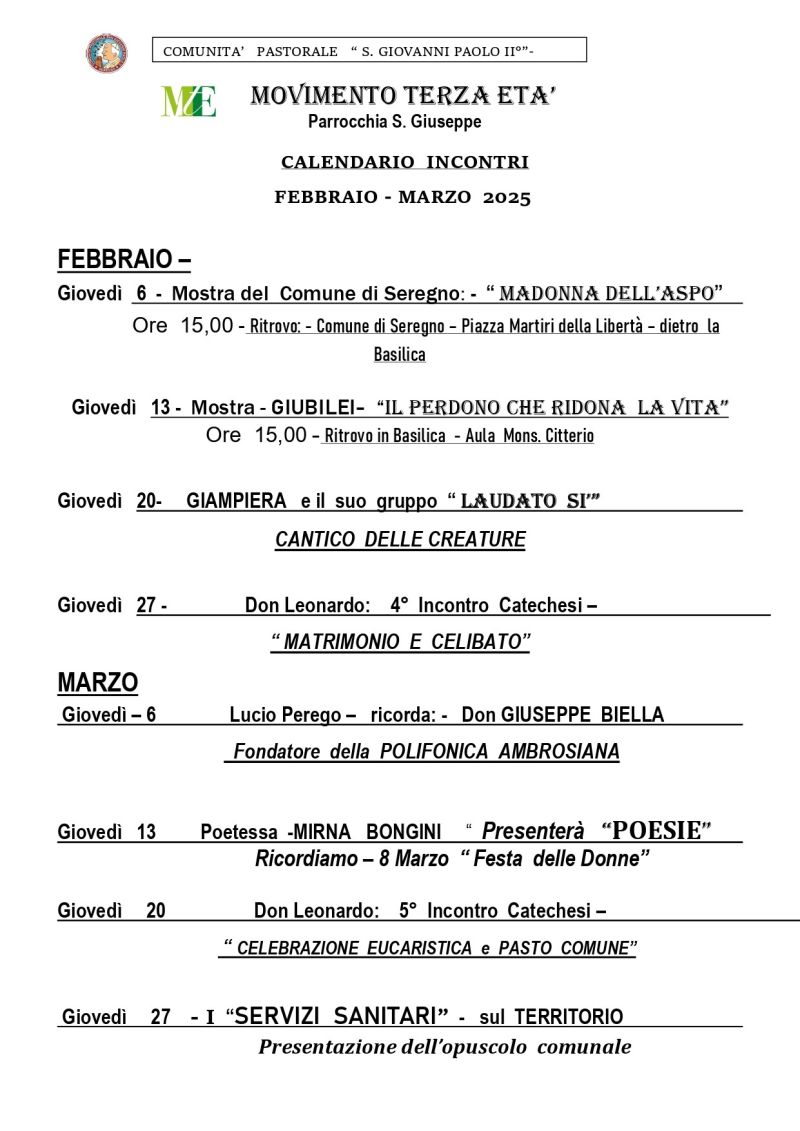 Programma mese Febbraio Marzo Parrocchia San Giuseppe Seregno