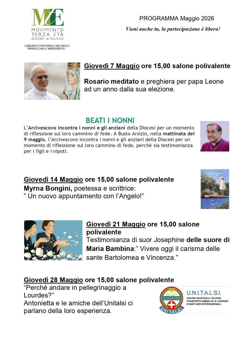 PROGRAMMA DI MAGGIO DELLA PARROCCHIA SANTA MARGHERITA PAINA- COMUNITA’ PASTORALE SAN PAOLO