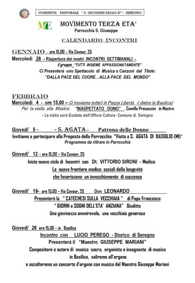 PROGRAMMA DEI MESI DI GENNAIO e FEBBRAIO DELLA PARROCCHIA SAN GIUSEPPE SEREGNO