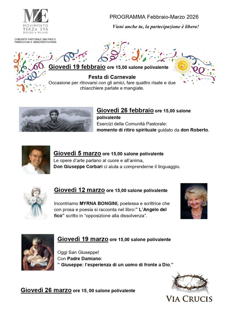PROGRAMMA FEBBRAIO MARZO DELLA PARROCCHIA SANTA MARGHERITA PAINA -COMUNITA’ PASTORALE SAN PAOLO
