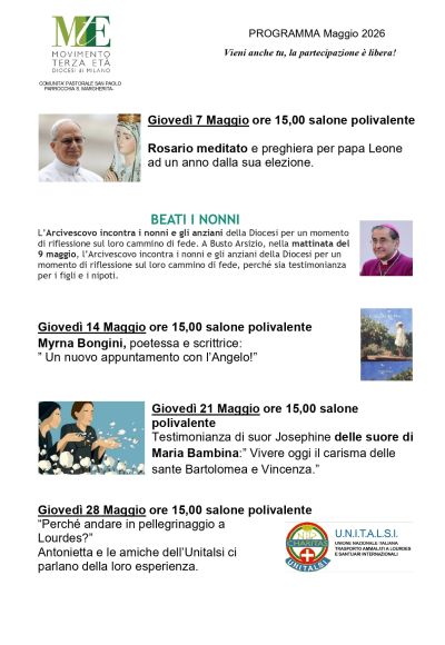 PROGRAMMA DI MAGGIO DELLA PARROCCHIA SANTA MARGHERITA PAINA- COMUNITA’ PASTORALE SAN PAOLO