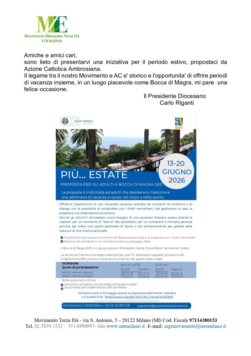 VACANZE PIU’…ESTATE PROPOSTA PER GLI ADULTI A BOCCA DI MAGRA LA SPEZIA