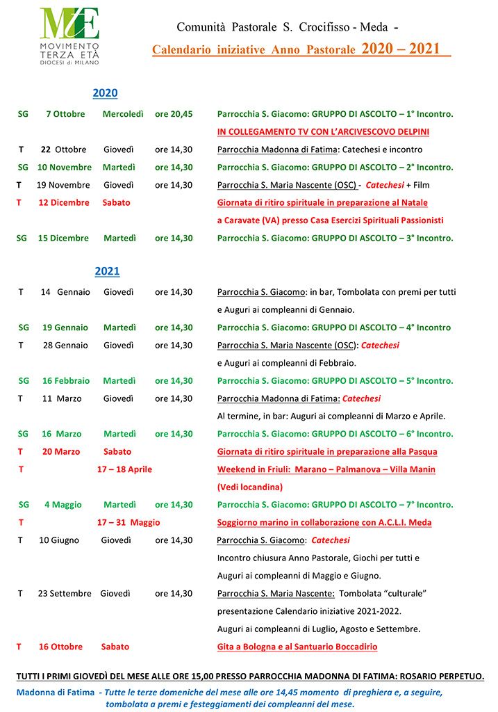 Meda – Calendario Anno pastorale 2020/2021