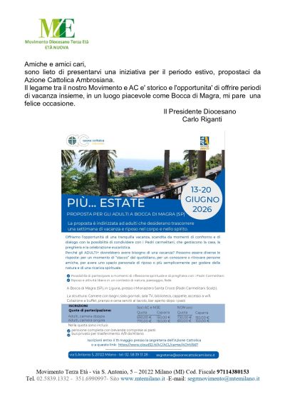 VACANZE PIU’…ESTATE PROPOSTA PER GLI ADULTI A BOCCA DI MAGRA LA SPEZIA