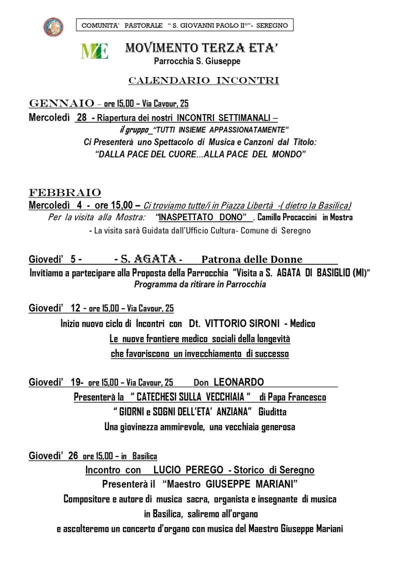 PROGRAMMA DEI MESI DI GENNAIO e FEBBRAIO DELLA PARROCCHIA SAN GIUSEPPE SEREGNO