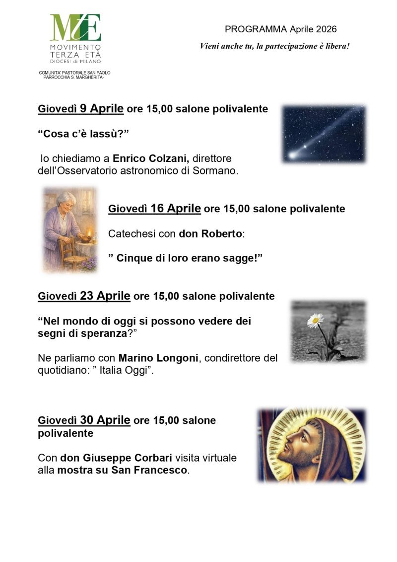 PROGRAMMA APRILE DELLA PARROCCHIA SANTA MARGHERITA PAINA -COMUNITA’ PASTORALE SAN PAOLO