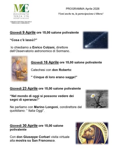 PROGRAMMA APRILE  DELLA PARROCCHIA SANTA MARGHERITA PAINA -COMUNITA’ PASTORALE SAN PAOLO